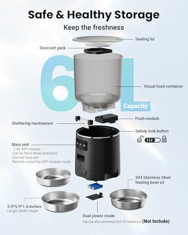 Vacqueen Automatic Cat Feeder for 3 Cats, 6L/25 Cups Smart WiFi Pet Feeder, Strong Anti-Jam System, Dual-Effect Desiccant Cat Food Dispenser, with 10S Voice Recorder for Cats and Small Dog(Black) - Image 8