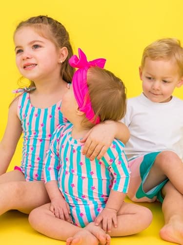 RuffleButts Girls UPF50+ Sun Protection Tie Shoulder/Cross Back One Piece Swimsuit - Neon Star Party, 6-12m - Image 4