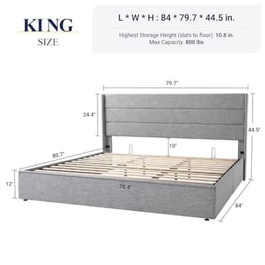 Allewie King Size Lift Up Storage Bed, Modern Wingback Headboard, Hydraulic Support, No Box Spring Needed, Light Grey - Image 2