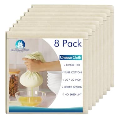 8 PCS Reusable Cheesecloth, Grade 100, 20x20 Inch Hemmed Cheese Cloth for Straining Craft, 100% Cotton Unbleached Cloth Strainer for Cooking, Baking, Juicing, Cheese Making - Image 1