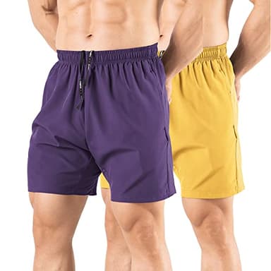 Gaglg Men's 5" Athletic Shorts 2 Pack Quick Dry Athletic Workout Gym Shorts with Zipper Pockets Yellow/Purple,XX-Large - Image 1