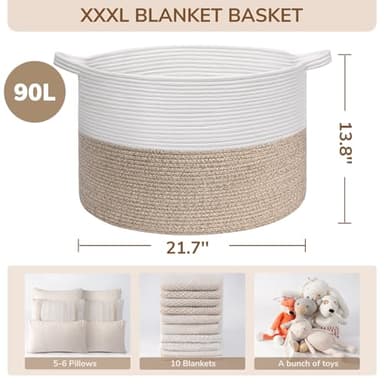 INDRESSME Large Laundry Basket, 21.7'' x 13.8'' Cotton Rope Blanket Basket Living Room Toy Baskets Storage Kids, Woven Baskets for Dirty Clothes, Pillows, Towel, 90L Light Brown - Image 3