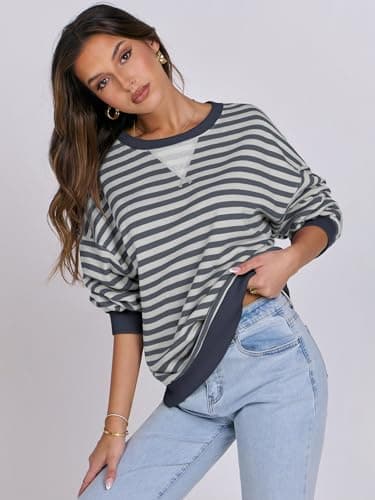 ANRABESS Women Striped Sweatshirts Oversized Crewneck Long Sleeve Shirts Y2K Pullover Top 2025 Fall Outfits Fashion Clothes Grey Blue X-Large - Image 6