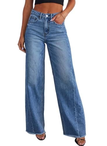 Sidefeel Women's Wide Leg Jeans High Waisted Stretchy Raw Hem Denim Pants Size 4 Blue - Image 1