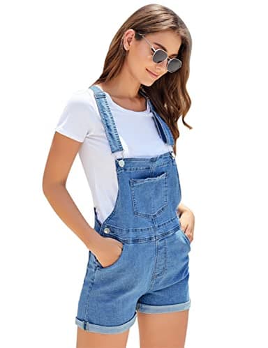 Vetinee Women's Medium Denim Blue Classic Adjustable Straps Cuffed Hem Denim Bib Overall Shorts X-Large - Image 5