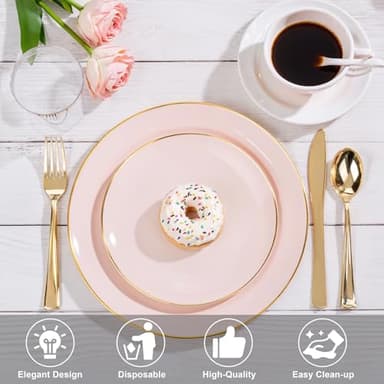 Nervure 100Pieces Pink and Gold Plastic Plates - 7.5inch Disposable Pink Salad/Dessert Plates - Heavy Duty Plastic Plate Ideal for Wedding & Party - Image 6