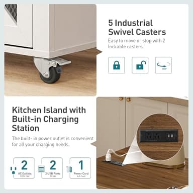 RALGEND Kitchen Island with Storage, 55" Kitchen Cart with Charging Station, Rolling Kitchen Island Table with Drop-Leaf, 3 Drawers, Barn Doors, Towel Rack and Spice Rack, White and Walnut - Image 5