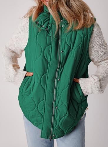 EVALESS Fall Winter 2025 Clothes for Women Cropped Puffer Vest Lightweight Quilted Stand Collar Sleeveless Jackets Warm Button Zip Up Coat Outerwear Gilet with Pockets Green Large - Image 5