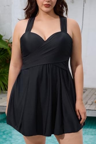 COCOPEAR Women's Elegant Crossover One Piece Swimdress Floral Skirted Swimsuit Black 3XL/16-18 - Image 3