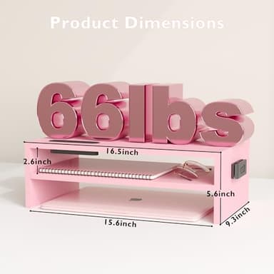 BONTEC Wooden Monitor Stand Riser, 2-Tier Desk Shelf with Storage Organizer, Ergonomic Computer Stand with Cable Management, Cellphone Holder, Pink, 16.5 Inch - Image 3