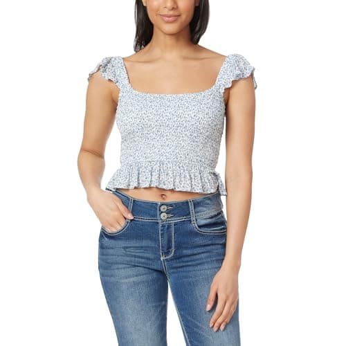 WallFlower Women's Brandy Ruffle Strap Smocked Rayon Challis Top, Bright White Ditsy Floral - Image 1