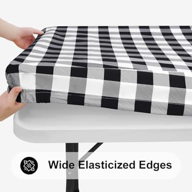 Smiry Rectangle Picnic Table Cloth, Elastic Waterproof Fitted Vinyl Tablecloths, Flannel Backed Buffalo Plaid Table Covers for Dining, Camping, Outdoor (Black and White, 30" x 72") - Image 2
