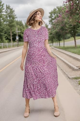 Sureple Women's Casual Cotton Dresses Crewneck Fitted Guest High Waist Midi Pocket Short Sleeve Spring Tiered(SP209-Purple Floral-M) - Image 2