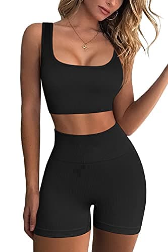 QINSEN Yoga Outfits for Women 2 Piece Set,Sexy Low Square Neck Stretchy Sport Bra Booty Short 03Black S - Image 1