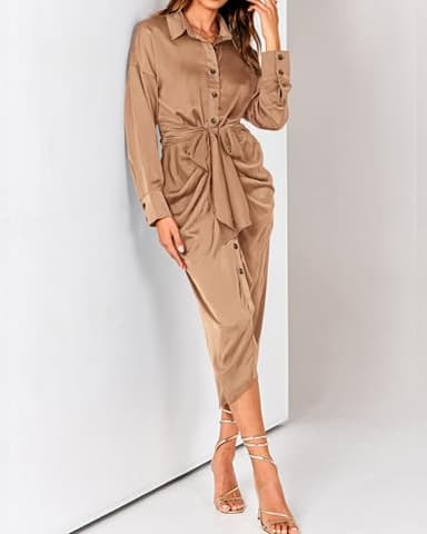 BTFBM Maxi Dresses for Women Fall 2025 Long Sleeve Lapel Neck Button Down Elegant Satin Belted Ruched Summer Shirt Dress(Light Khaki, Large) - Image 5