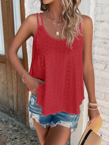 ATHMILE Christmas Camisole Tank Tops Eyelet Embroidery Sleeveless Spaghetti Strap Tops Scoop Neck Sexy Loose Fit Casual Summer Flowy Cami Red - Image 3