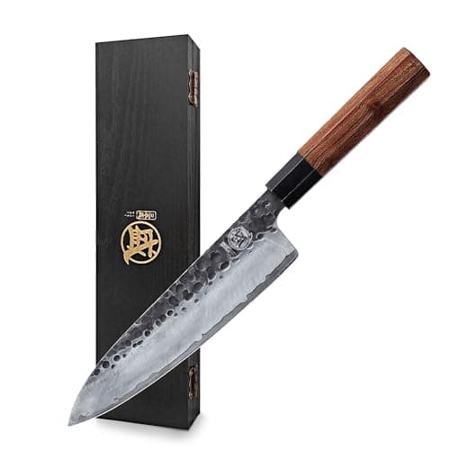 MITSUMOTO SAKARI Gyuto Chef Knife 8 inch - Hand Forged Japanese Kitchen Knives, 3-Layer 9CR18MOV High Carbon Steel, Rosewood Handle & Sandalwood Box - Image 1