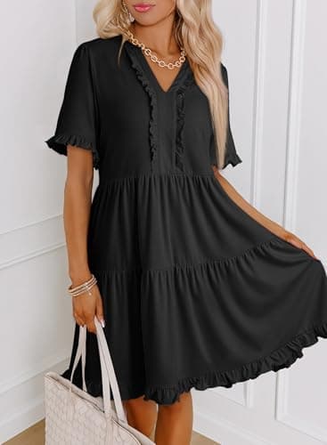 Dokotoo Womens Summer Dresses for Women 2025 Short Sleeve V Neck Loose Casual Eleagnt Cute Wedding Guest A Line Dresses Plus Size Babydoll Mini Dress Swing Graduation Dress Plus Size Black Dress XL - Image 3