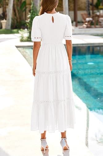 dowerme Summer Dresses for Women 2025 Casual Boho Hollow Out Short Sleeve Ruffle Mock Neck Smocked Maxi Gingham Sundress(White,Medium) - Image 5