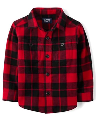The Children's Place Baby Boys' and Toddler Long Sleeve Flannel Button Up Shirt, Red Buffalo Plaid, 3T - Image 1
