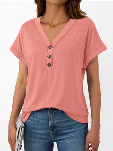 AUTOMET Short Sleeve V Neck T Shirts Womens 2025 Summer Spring Fashion Business Casual Dressy Cute Lightweight Loose Fit Work Tshirts Ladies Blouses Henley Tops Clothes Outfits Clothing Coral - Image 6