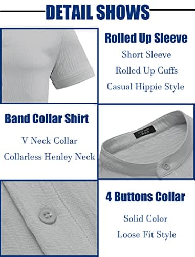 COOFANDY Men Hippie Beach T-Shirts Band Collar Henley Shirt Summer Resort Wear Light Grey - Image 5