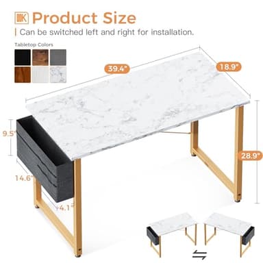 ODK Computer Desk, 40 Inch Small Study Desk, Office Desk with Storage, Work Table with Headphone Hook for Small Space Home Office, White Marble + Gold Leg - Image 3