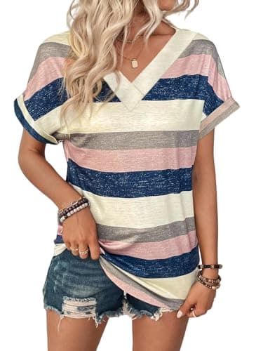 EyMuse 2 PCS Women's Short Sleeve V Neck Tops Casual Summer T Shirts Ladies Basic Tees Fashion Soft Comfortable Tunic,Multicolor+Black,XXL - Image 4