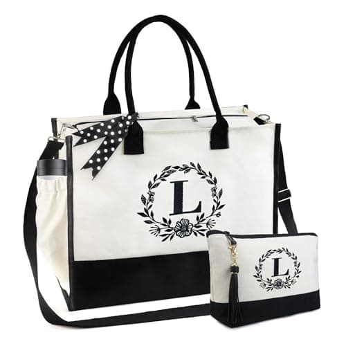 BeeGreen Birthday Gifts for Women Her, Initial Tote Bag for Mom Mother Coworkes Teacher, Personalized Beach Bags with Make-up Bag, Large Canvas Totes with Zipper and Shoulder Straps Letter L - Image 1