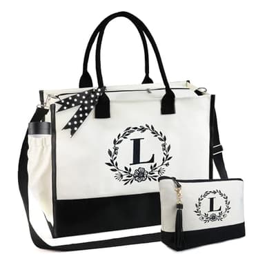 BeeGreen Birthday Gifts for Women Her, Initial Tote Bag for Mom Mother Coworkes Teacher, Personalized Beach Bags with Make-up Bag, Large Canvas Totes with Zipper and Shoulder Straps Letter L - Image 1