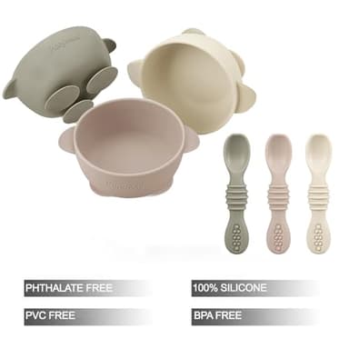 PandaEar 3 Pack Silicone Suction Baby Bowls & 3 Baby Feeding Spoons | Non-Slip Stay Put Bowls & Soft Silicone First Stage Spoons for Toddlers, BPA-Free Baby Led Weaning Set (Linen Brown Tan) - Image 3