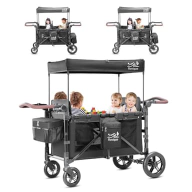 Rovique 4 Seater Wagon Stroller – Deluxe Quad Wagon for 4 Kids with Snack Trays,All-Terrain Wheels,Push Handle, Canopy,Aluminum Frame – Gift for Baby Showers,New Parents,Birthdays - Image 1