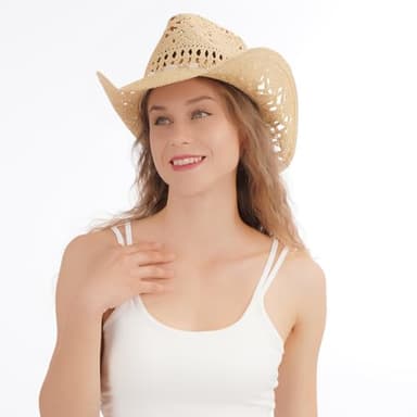 WQWOVRVO Cowboy Hat,Cowgirl Hat,Cowboy Hats for Women/Mens/Straw Wide with Shapeable Brim Cowboy Hats for Womens/White/Black/Beige (Beige+White) - Image 5