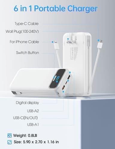 Portable-Charger Power-Bank with Built-in Cables & AC Wall Plug - 20000mAh PD 20W Fast Charging for iPhone,Android, USB-C,Rechargeable External Battery Pack for Cell Phone,Type C cords,Travel White - Image 5