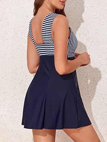 MiYang Women's One Piece High Waist Padded Swim Dress, Dark Blue Stripe, L (US 12-14) - Image 3