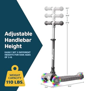 Lifemaster Mini 3-Wheel Kids Scooter with Multi-Color Wheel Lights – 4-Height Adjustable Handlebar, Wide Anti-Slip Deck, Child Safety Certified, Boys & Girls Ages 2+ Supports Up to 110 lbs, Gray - Image 7