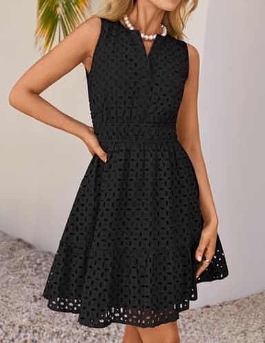 ZESICA Women's Summer Sleeveless Mini Dress V Neck Hollow Out Eyelet High Waist A Line Swing Short Party Dresses,Black,Medium - Image 7