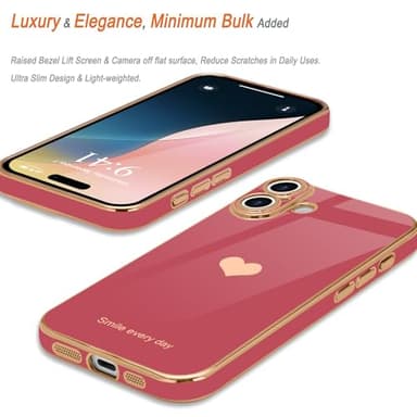 Teageo for iPhone 16 Case with Screen Protector [2 Pack] Girl Women Cute Girly Love-Heart Luxury Gold Soft Cover Camera Protection Shockproof Phone Case for iPhone 16, Bright Blush - Image 3