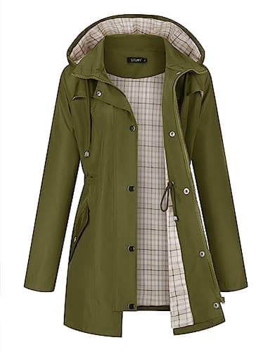 LOMON Women Rain Jacket Lightweight Hooded Jackets Women Lined Trench Coats Waterproof Outdoor Hiking Raincoat Amy Green S (Cute Plaid Lining) - Image 1