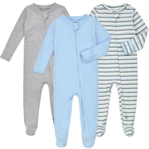 Aablexema Baby Footie Pajamas with Mittens - 3Pcs Infant Footed Sleeper Cotton Sleepwear Outfits(Blue/Grey/Stripe,Newborn) - Image 1