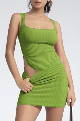 CHYRII Womens Sexy Summer Two Piece Outfits Square Neck Going Out Crop Tops Bodycon Skirt Sets Mini Dress Green M - Image 7