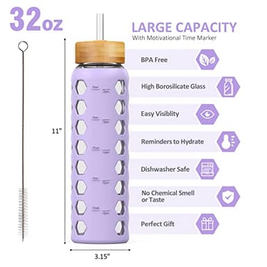MUKOKO 32oz Glass Water Bottles with 2 Lids-Handle Spout Lid&Bamboo Straw Lid, Motivational Water Tumbler with Time Marker Reminder and Silicone Sleeve, Leakproof-Purple-1 Pack - Image 2