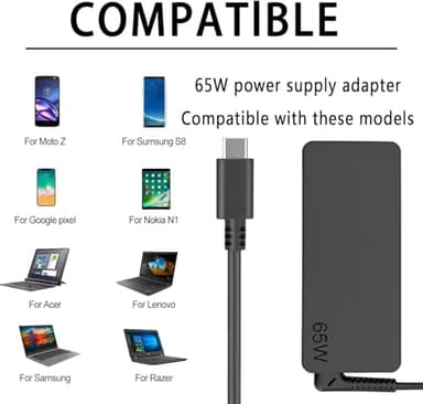 Dzytnsy USB-C 65W 45W AC Replacement Charger Compatible with Lenovo ThinkPad T480 T490 T580 ADLX65YDC2A ADLX65YLC2D ADLX65YDC3A ADLX65YDC2D chromebook 2nd Gen S330 65W Laptop Power Supply Adapter Cord - Image 6