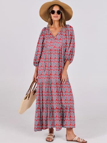 ANRABESS Womens Boho Maxi Dresses 2025 Summer V Neck Puff Sleeve Floral Flowy Swing Fall Casual Long Dress Red Blue Small - Image 7