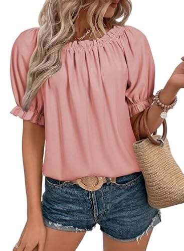 EVALESS Spring Tops for Women Trendy 2025 Business Casual Outfits Summer Short Sleeve T Shirts Sexy Off The Shoulder Blouses Work Clothing Pleated Peplum Tunic Tops Womens Pink Shirts, Large - Image 1