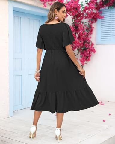 AUSELILY Women's Summer Empire Waist Dress Smocked Flutter Short Sleeve V Neck Midi Dresses 2025 New Black 2XL - Image 3