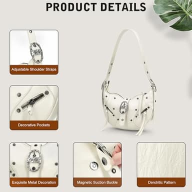 YDSIII Women's Shoulder Bag, White Shoulder Purse, White Shoulder Bag, Crescent Bag, Punk Style Studded Purse - Image 4
