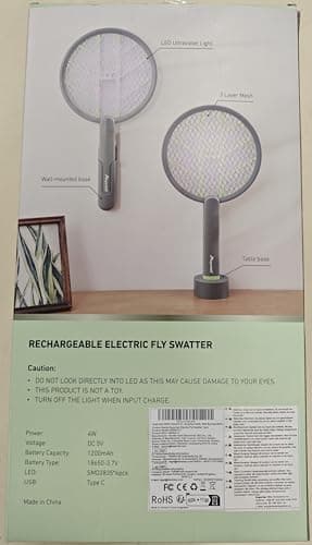 Aspectek 3000V Electric Fly Swatter for Indoor and Outdoor Use, Portable, Rechargeable Bug Zapper Racket with Improved Battery Life, USB Charging Cable, Wall Bracket, White -Green - Image 7
