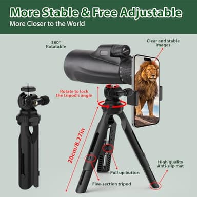 Monocular Telescope 80 x 100 High Powered Monoculars for Adults with Tripod, Monocular for Smartphone Suitable for Bird Watching Larger Vision Monoculars for Adults with BAK4 Prism & FMC Lens - Image 9