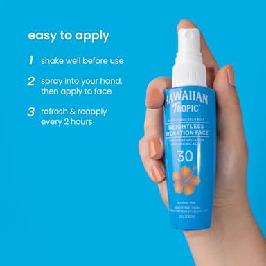 Hawaiian Tropic Weightless Hydration Water Sunscreen Mist for Face SPF 30 | Non-Aerosol Sunscreen Spray Travel Size, Beach Essentials, Summer Essentials, Travel Sunblock Face SPF Spray, 2.1 fl oz - Image 6